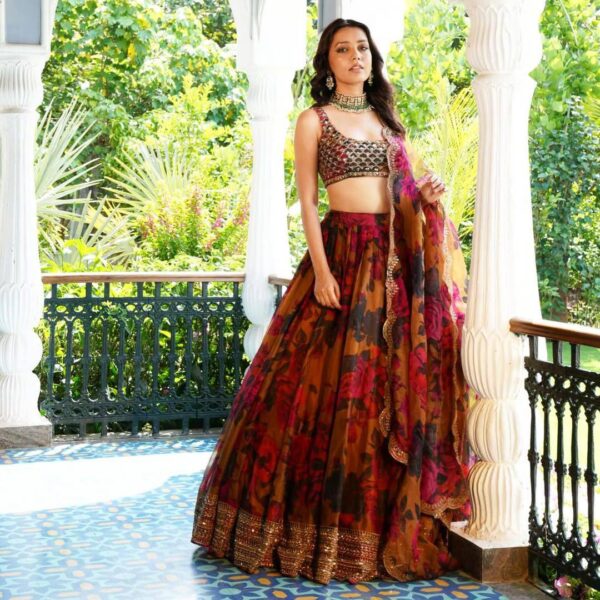 Designer Printed Tebi Organza Lehenga Set with Sequin Embroidery Work  Product Code: LG-636