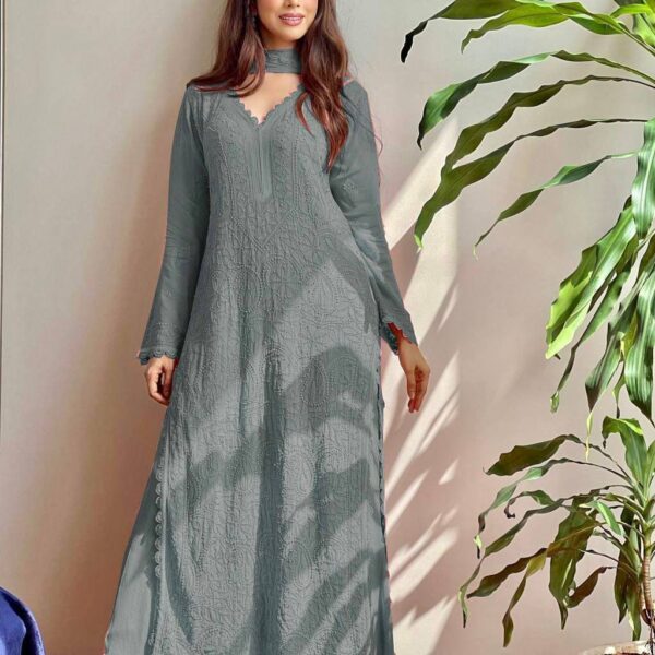 Elegant Faux Georgette Embroidered Set with Plazo & Dupatta  🔖 Product Code: BE-170
