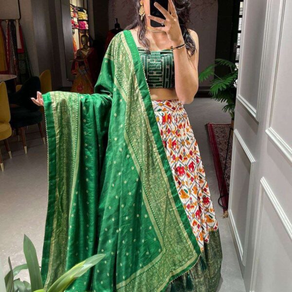 Women's Tussar Silk Patola Print Lehenga Choli Dupatta Set