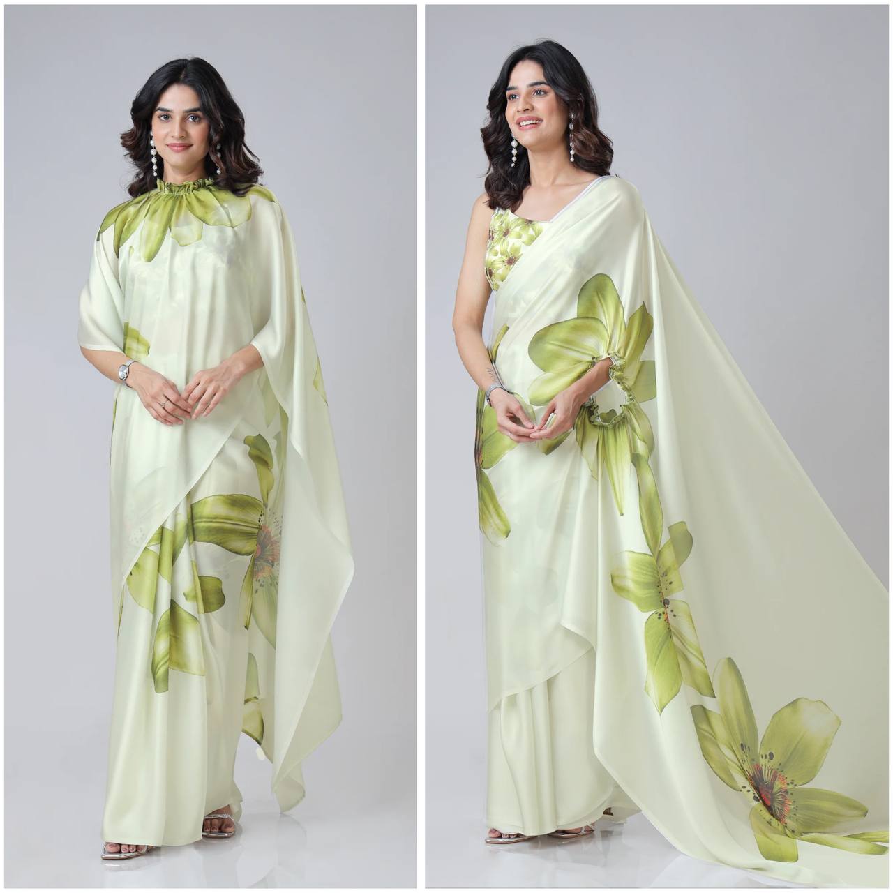 Women's Modern Dual-Tone Peach & Off-White Satin Silk Kaftan Saree with Digital Print Neck Design - Image 13