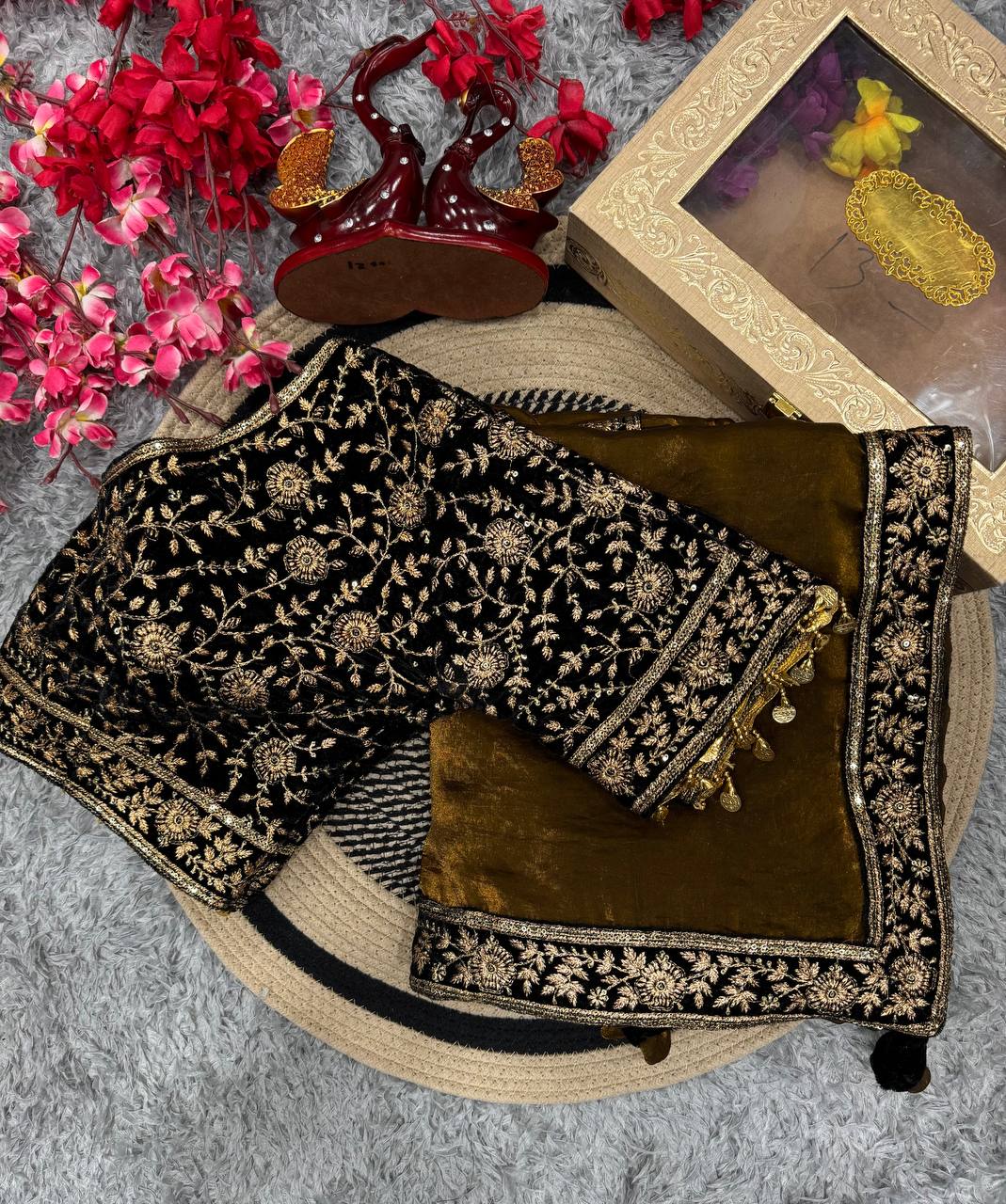 Women's Luxe Olive-Gold Silk Saree with Heavily Embellished Blouse & Border β Ideal for Evening, Wedding & Reception Wear - Image 11