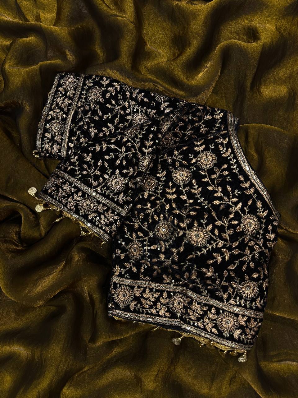 Women's Luxe Olive-Gold Silk Saree with Heavily Embellished Blouse & Border β Ideal for Evening, Wedding & Reception Wear - Image 9