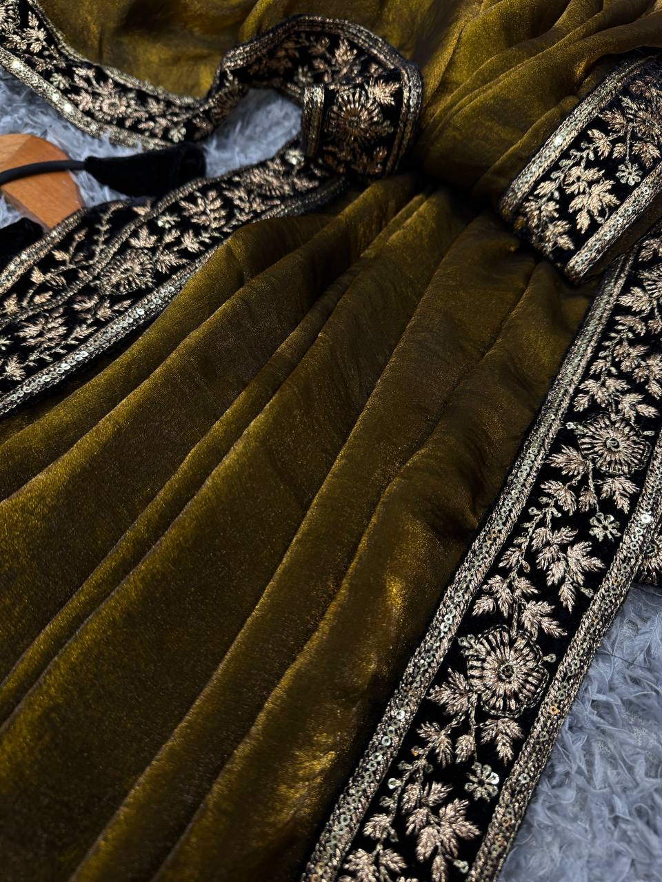 Women's Luxe Olive-Gold Silk Saree with Heavily Embellished Blouse & Border β Ideal for Evening, Wedding & Reception Wear - Image 3