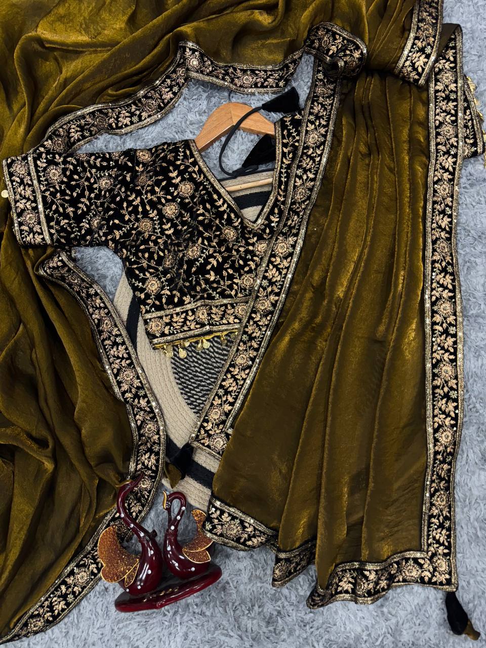 Women's Luxe Olive-Gold Silk Saree with Heavily Embellished Blouse & Border β Ideal for Evening, Wedding & Reception Wear - Image 6