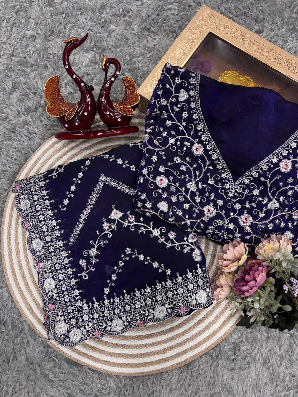 Royal Blue Embroidered Blouse Piece with Intricate Mirror, Sequin & Floral Threadwork β Ready-to-Stitch Fabric for Sarees & Festive Ethnic Wear