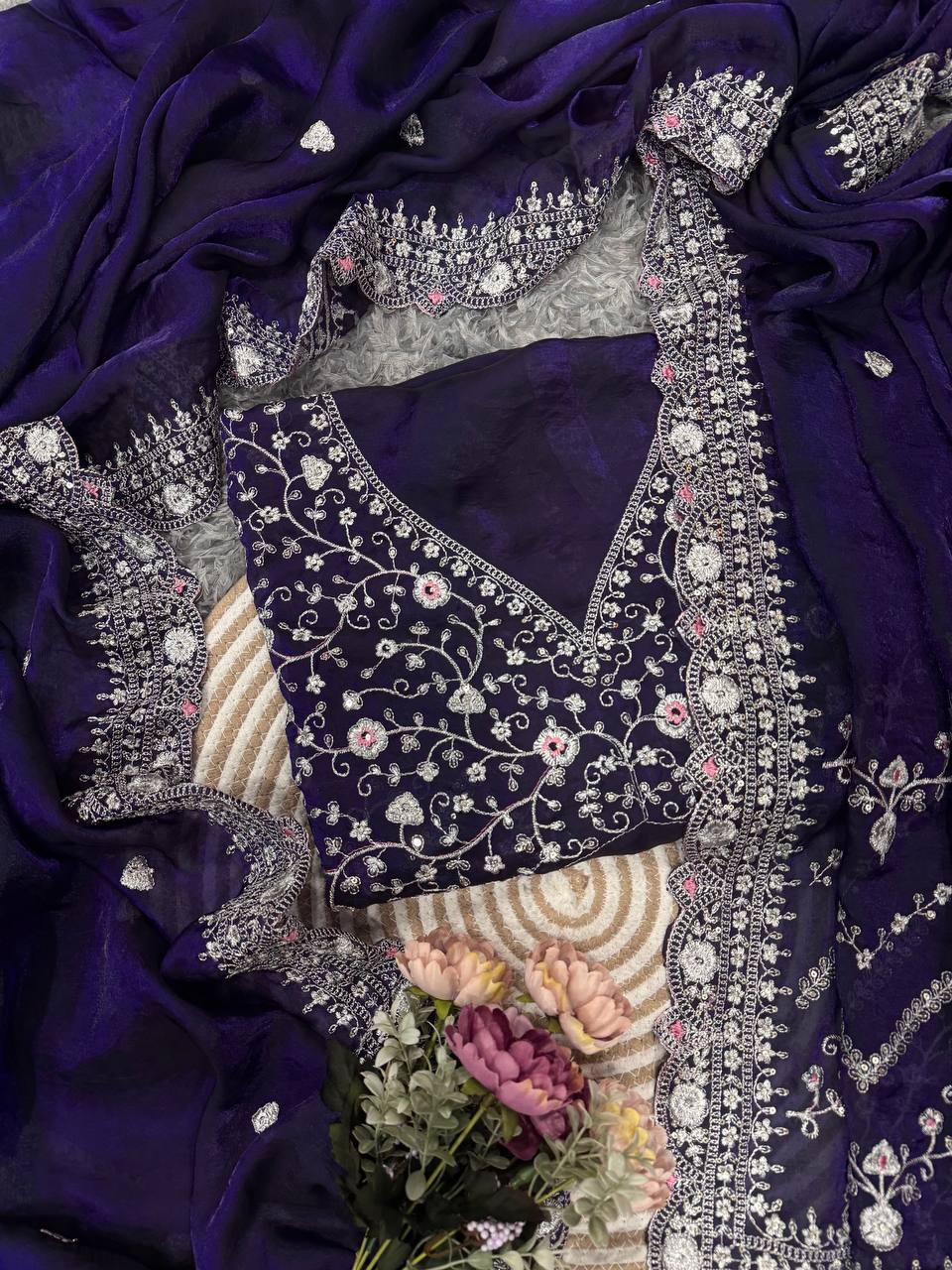 Royal Blue Embroidered Blouse Piece with Intricate Mirror, Sequin & Floral Threadwork β Ready-to-Stitch Fabric for Sarees & Festive Ethnic Wear - Image 6