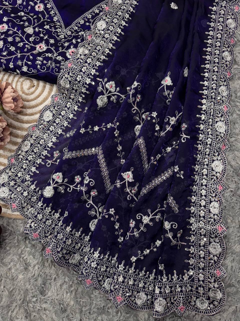 Royal Blue Embroidered Blouse Piece with Intricate Mirror, Sequin & Floral Threadwork β Ready-to-Stitch Fabric for Sarees & Festive Ethnic Wear - Image 5